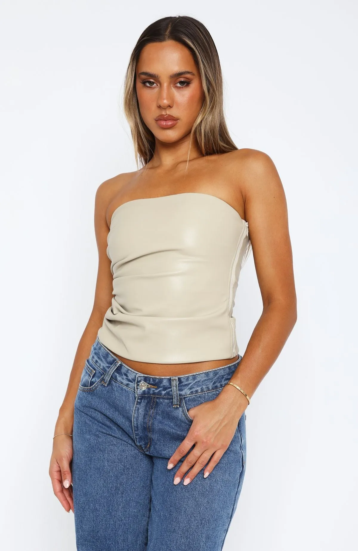 Friction Resistant Edges Well Behaved Strapless PU Bustier Taupe