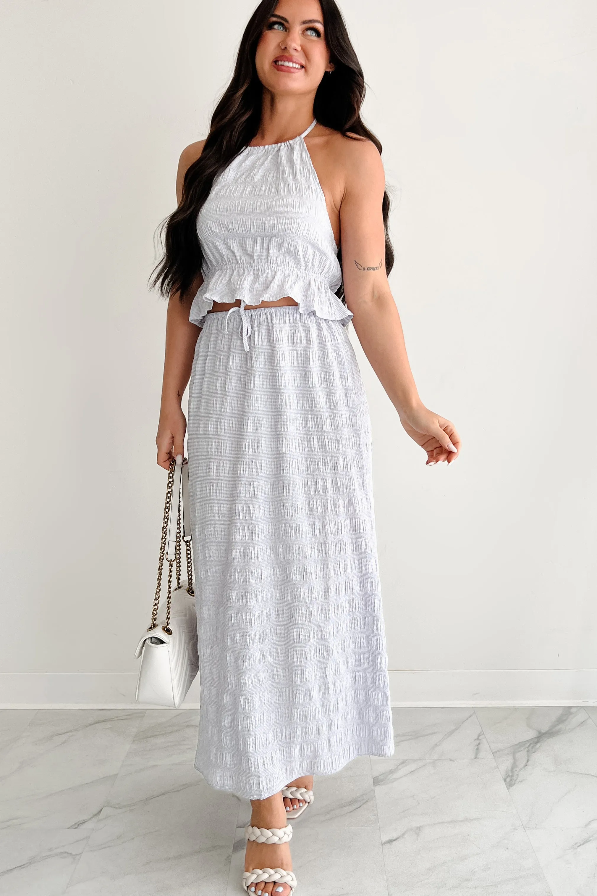 Casual Moments Daily Mood Dreaming Away Gingham Halter & Maxi Skirt Set (Lilac/White)