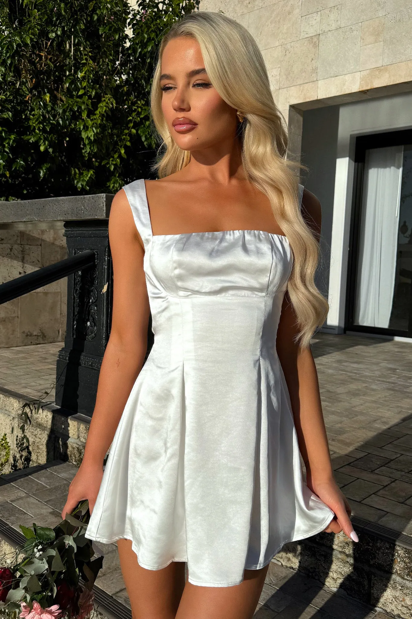 Weekend Style Look Light Soft Edina Satin Mini Dress - White