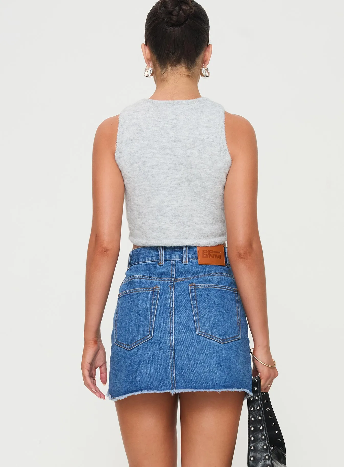 Bold Statement Front Slit Eren Denim Mini Skirt Mid Wash