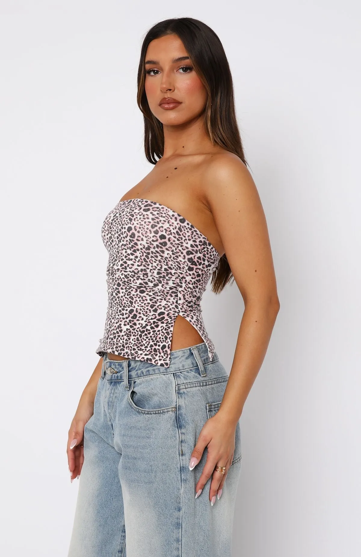 Stretch Blouse Stay Down Strapless Top Pink Leopard