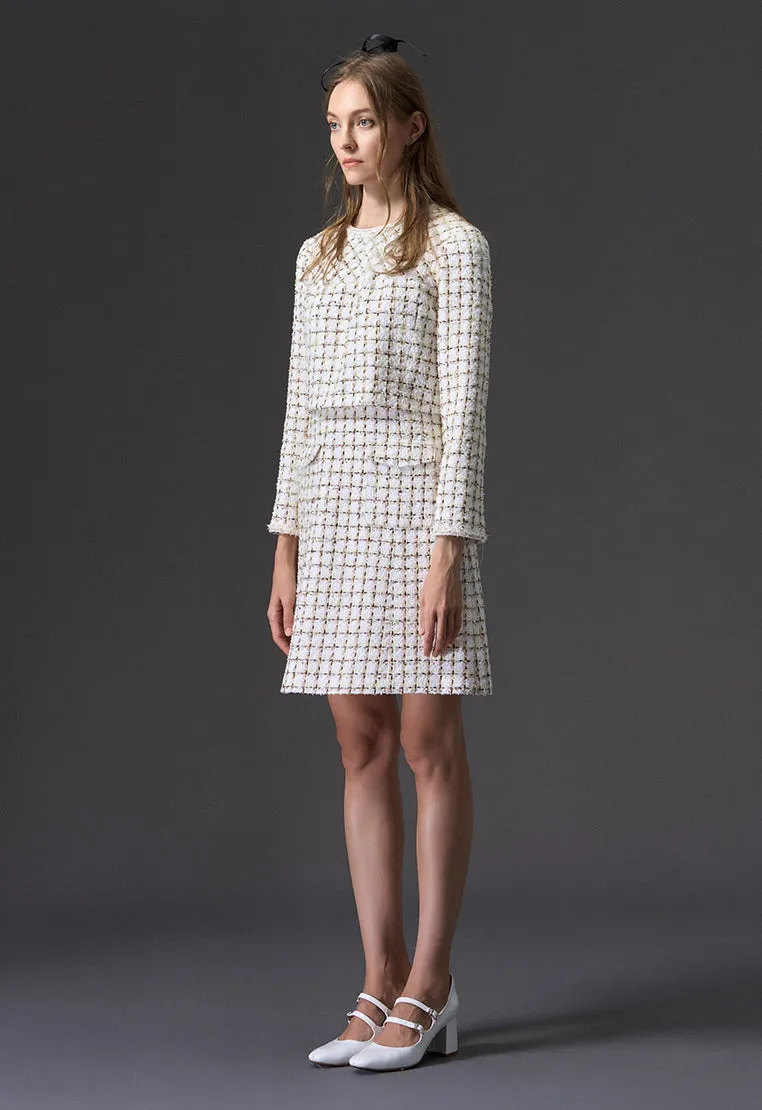 Warm Fit Beige Checked Fake Two Piece Tweed Dress