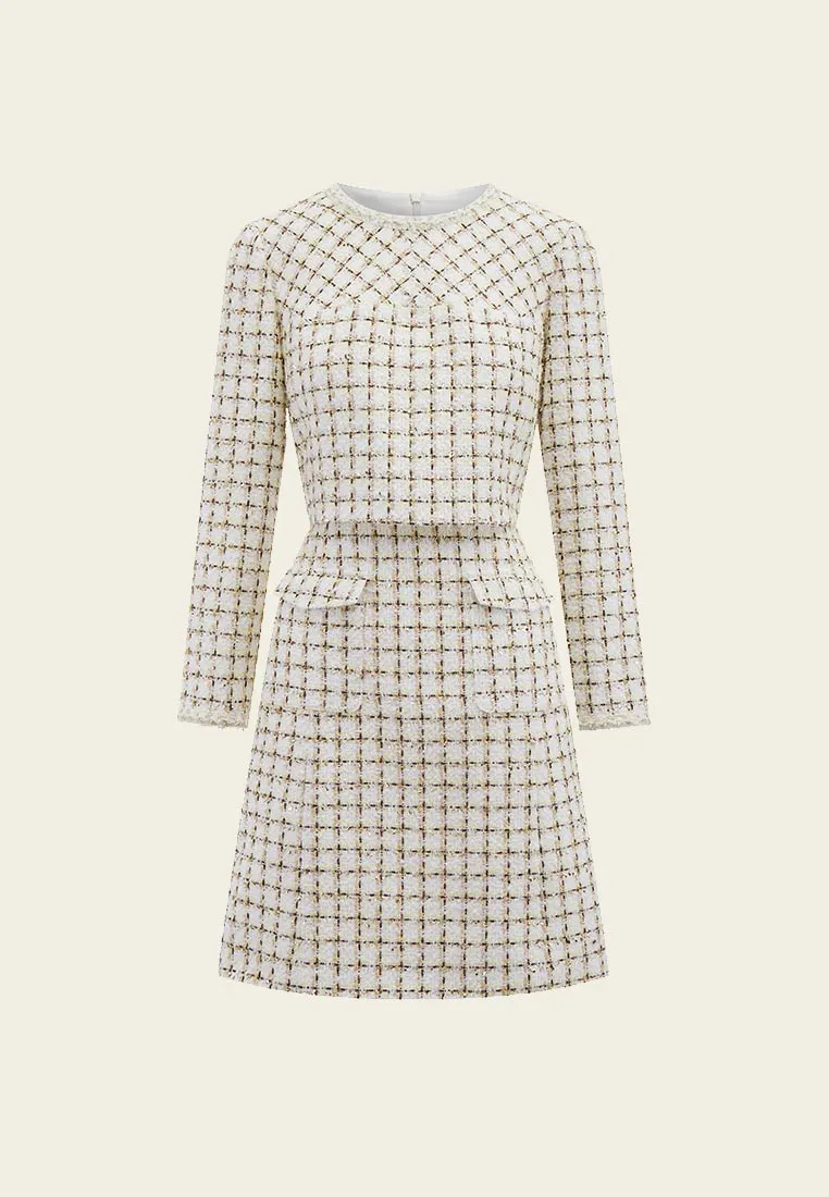 Beige Checked Fake Two Piece Tweed Dress NonRestrictive Fit SplitHemDesign