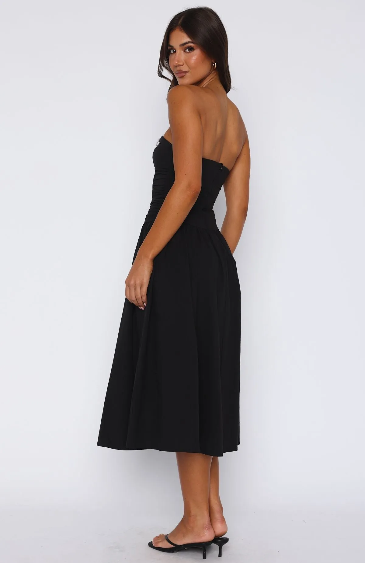 Global Edge Plane Mood Rich In Love Strapless Midi Dress Black