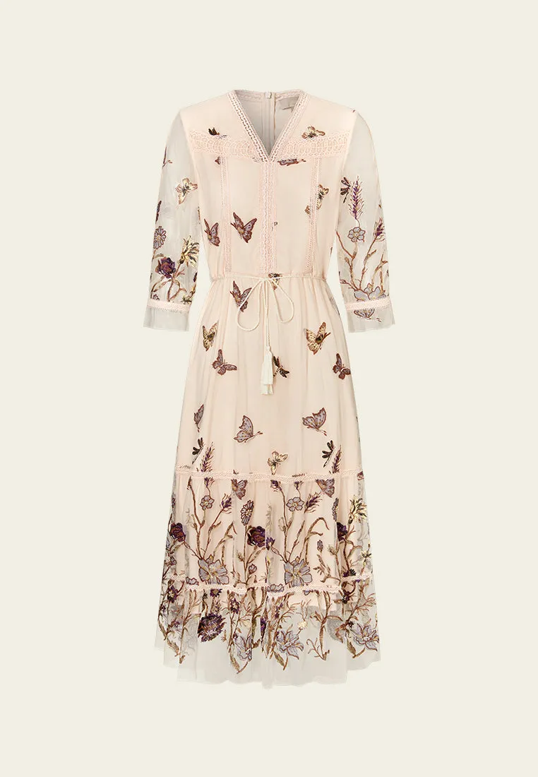Lace-trim Embroidered Mesh Dress Design Edge Road Soul