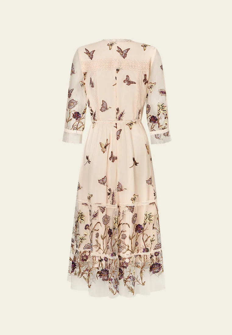Lace-trim Embroidered Mesh Dress CompactFold