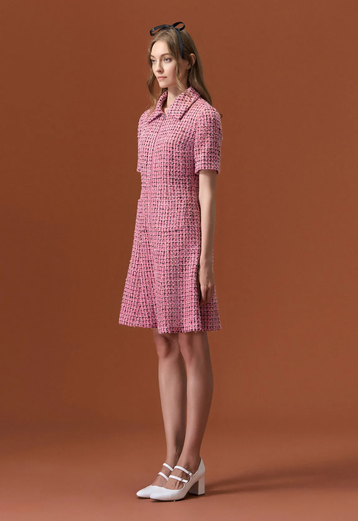 Stretchable Fabric Vision Glow Pink Tweed Lapel Dress
