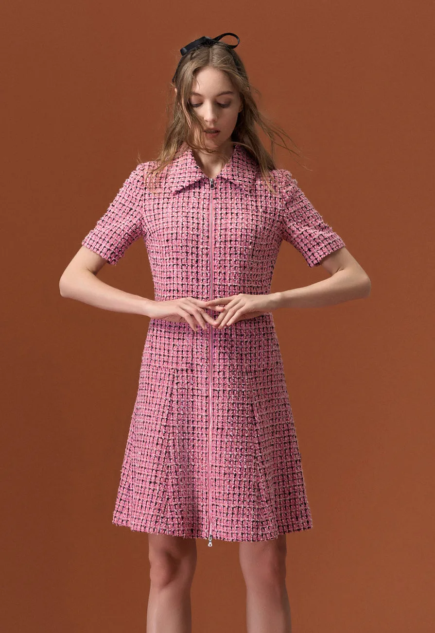 Thermal Insulation Layer Pink Tweed Lapel Dress