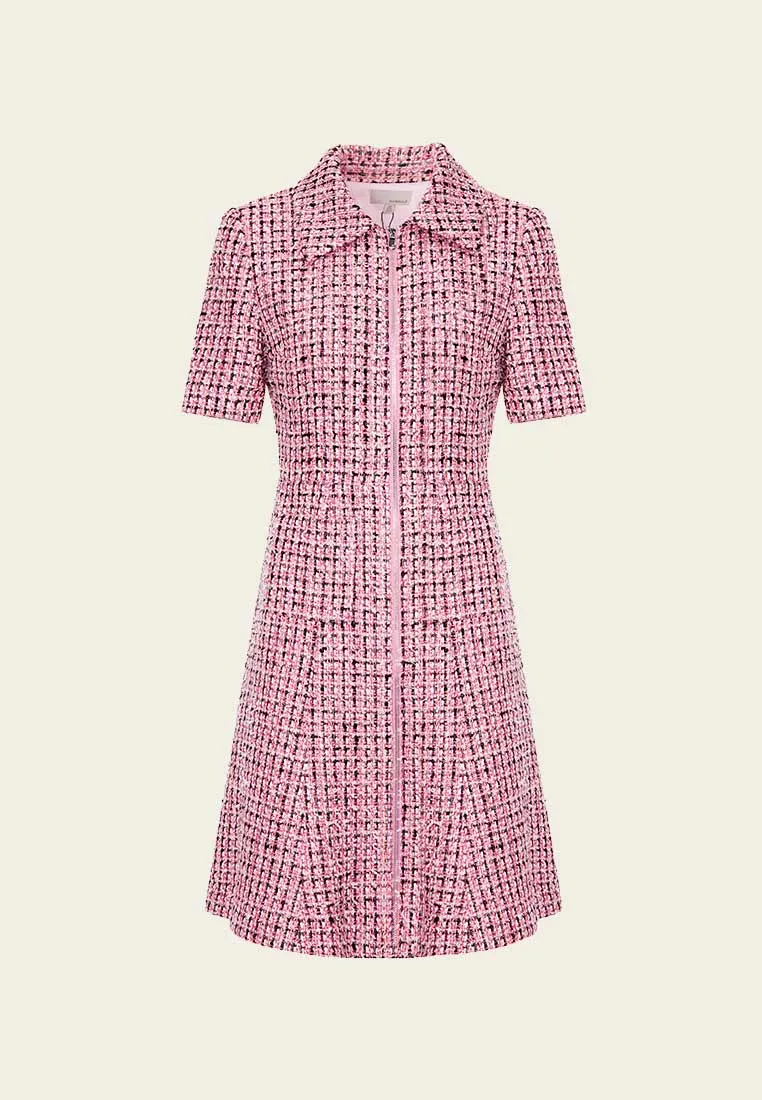 Pink Tweed Lapel Dress AbrasionResistant Fabric Road Soul