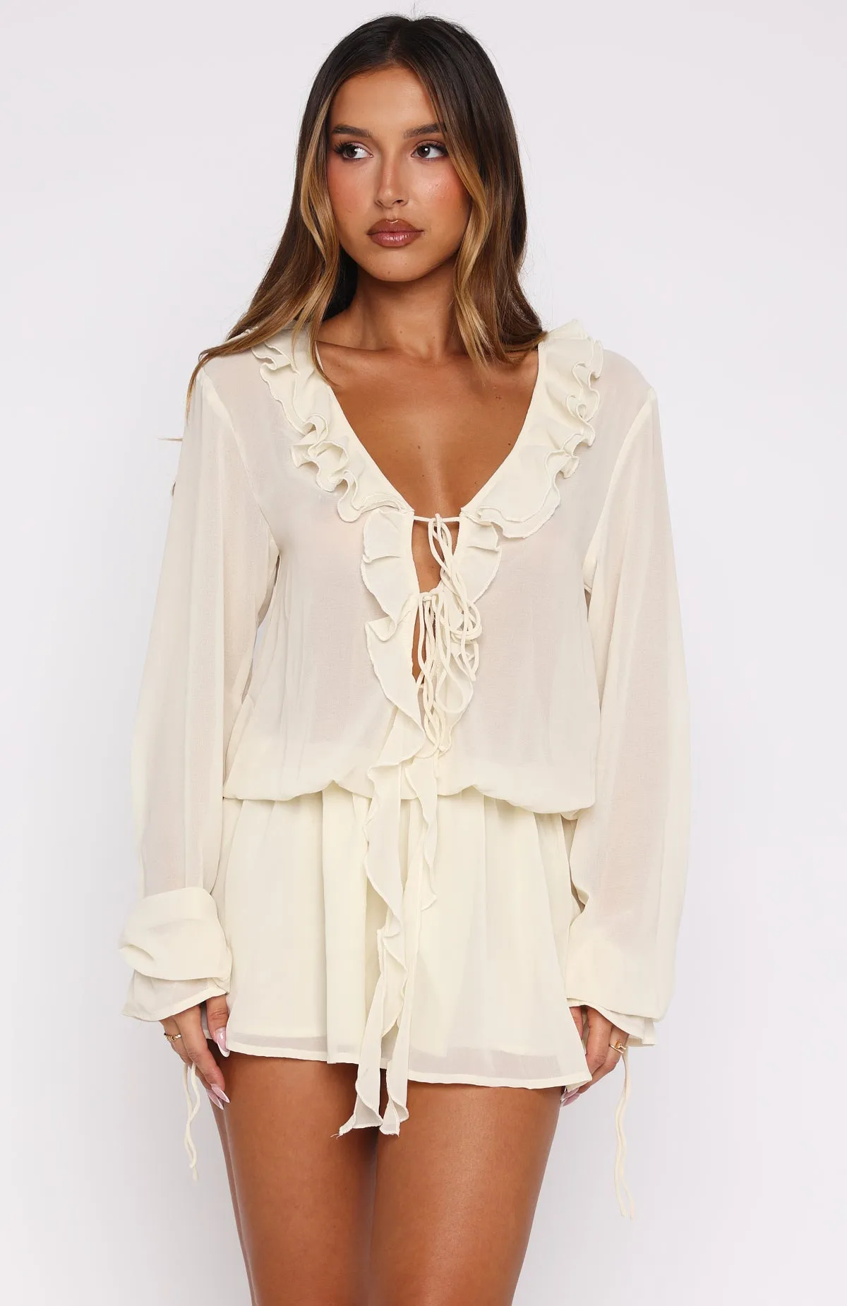 Eternal Energy Long Sleeve Mini Dress Cream GridTexture