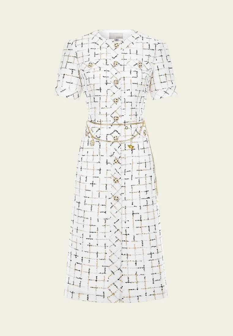 Comfort Fit Prestige White Check Tweed Dress with Chain Belt