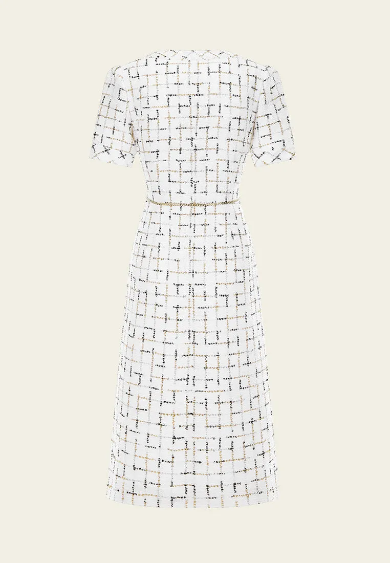 Prestige White Check Tweed Dress with Chain Belt Cozy Vibe