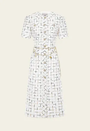 Comfort Fit Prestige White Check Tweed Dress with Chain Belt