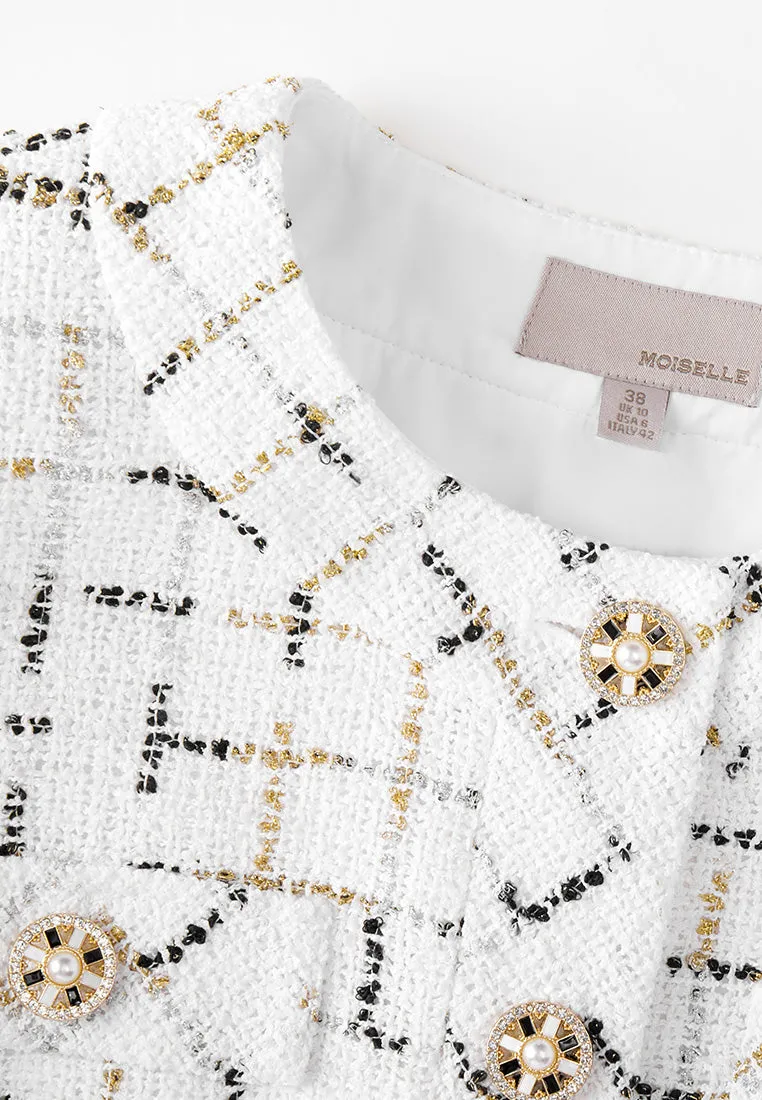 Prestige White Check Tweed Dress with Chain Belt Hero Glow