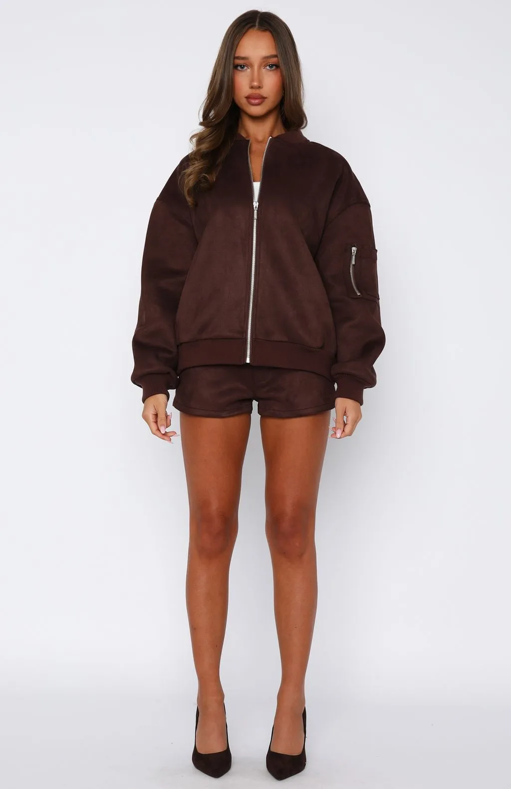 Between Us Faux Suede Shorts Chocolate Secure Zipper Closure Chill Look