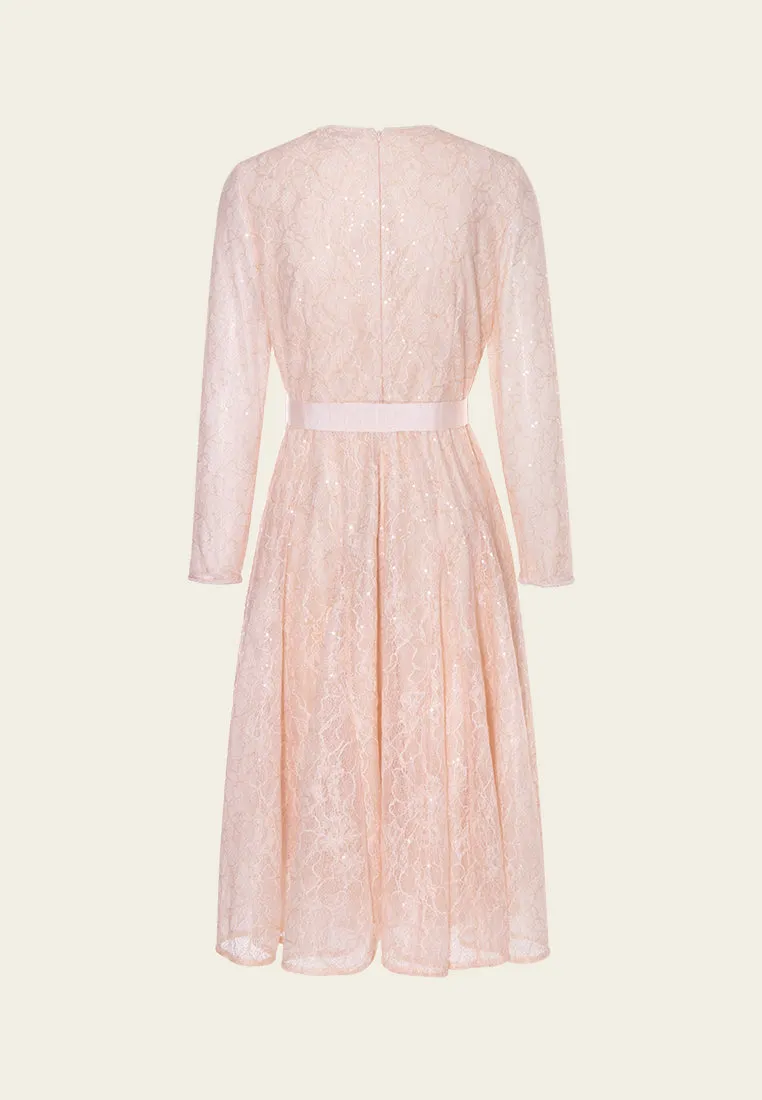 Vented Panels Belted Sequined Lace Dress