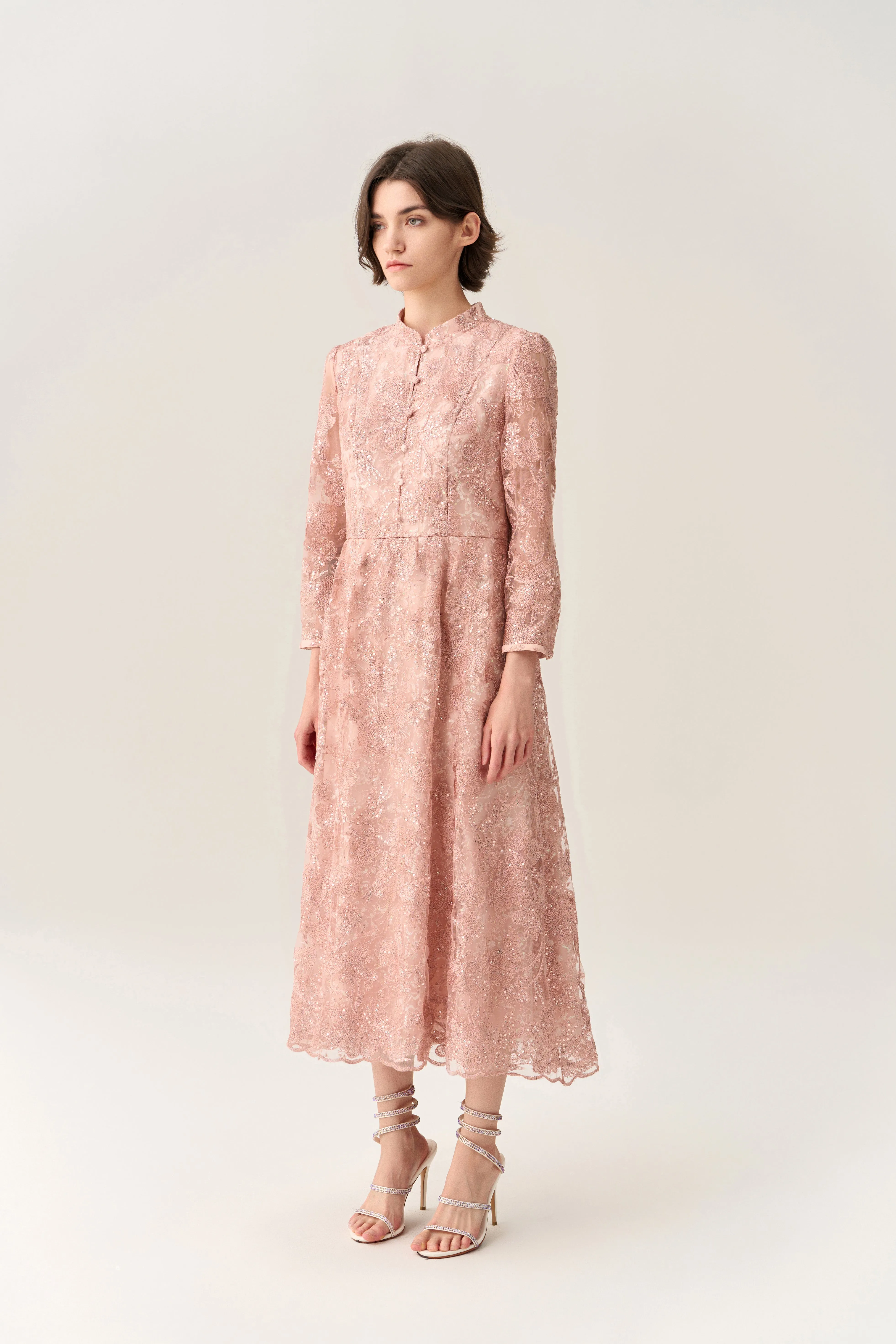 Button-up Embroidery Sequin-detail Scallop-hem Dress FlatlockStitching Winter Fit
