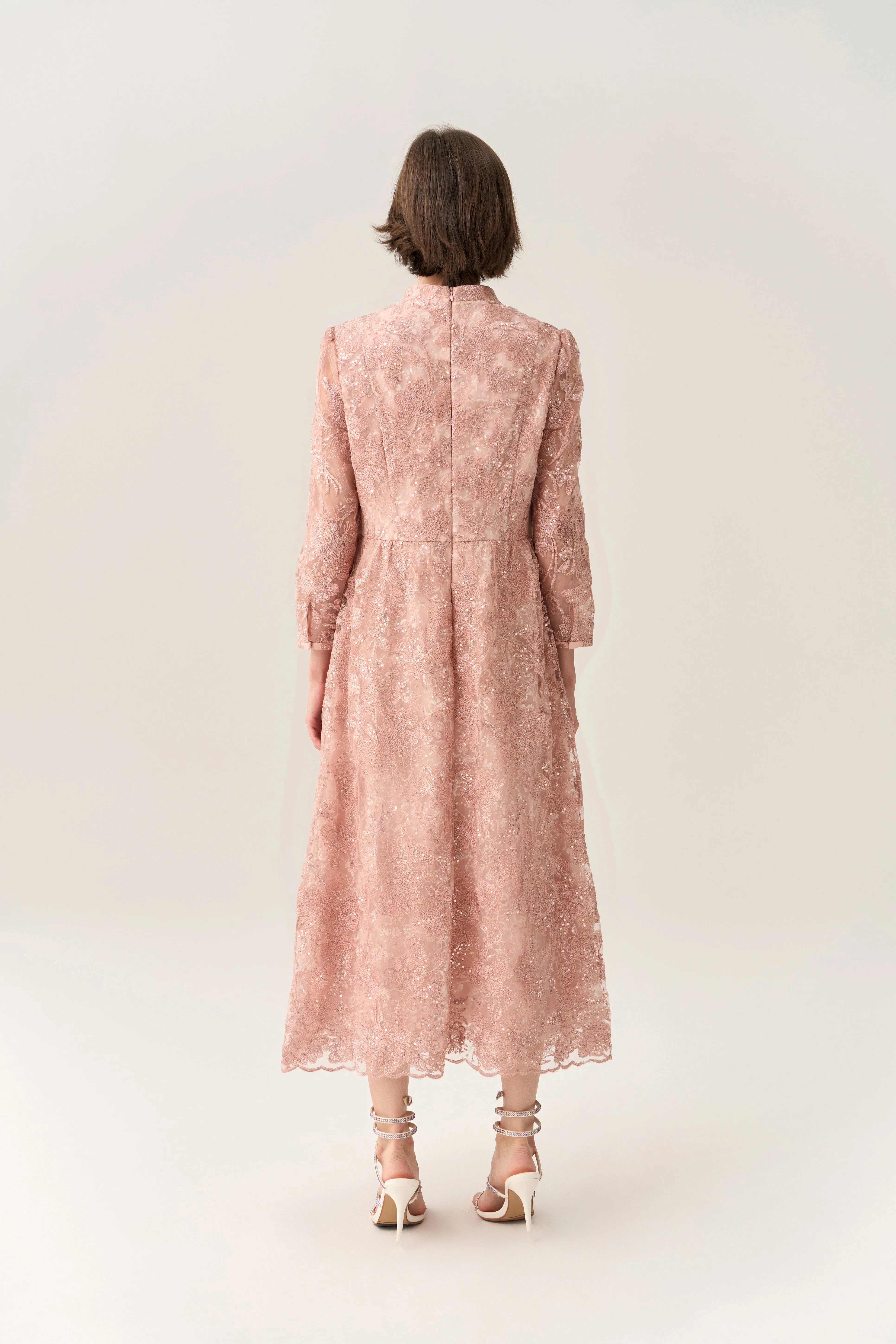 Button-up Embroidery Sequin-detail Scallop-hem Dress Soft Flow WaterRepellent Finish
