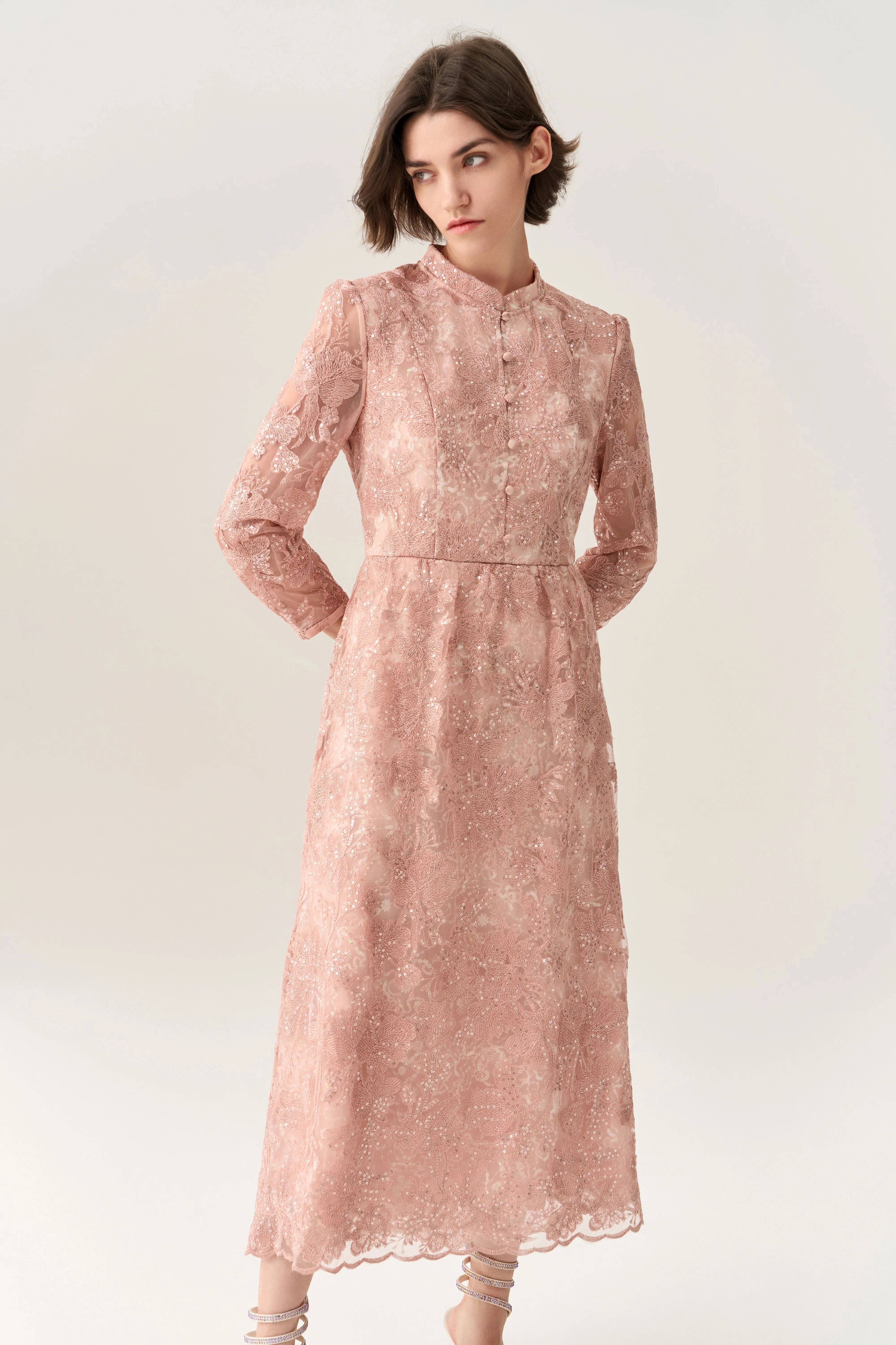 Button-up Embroidery Sequin-detail Scallop-hem Dress warm glow Soul Ease