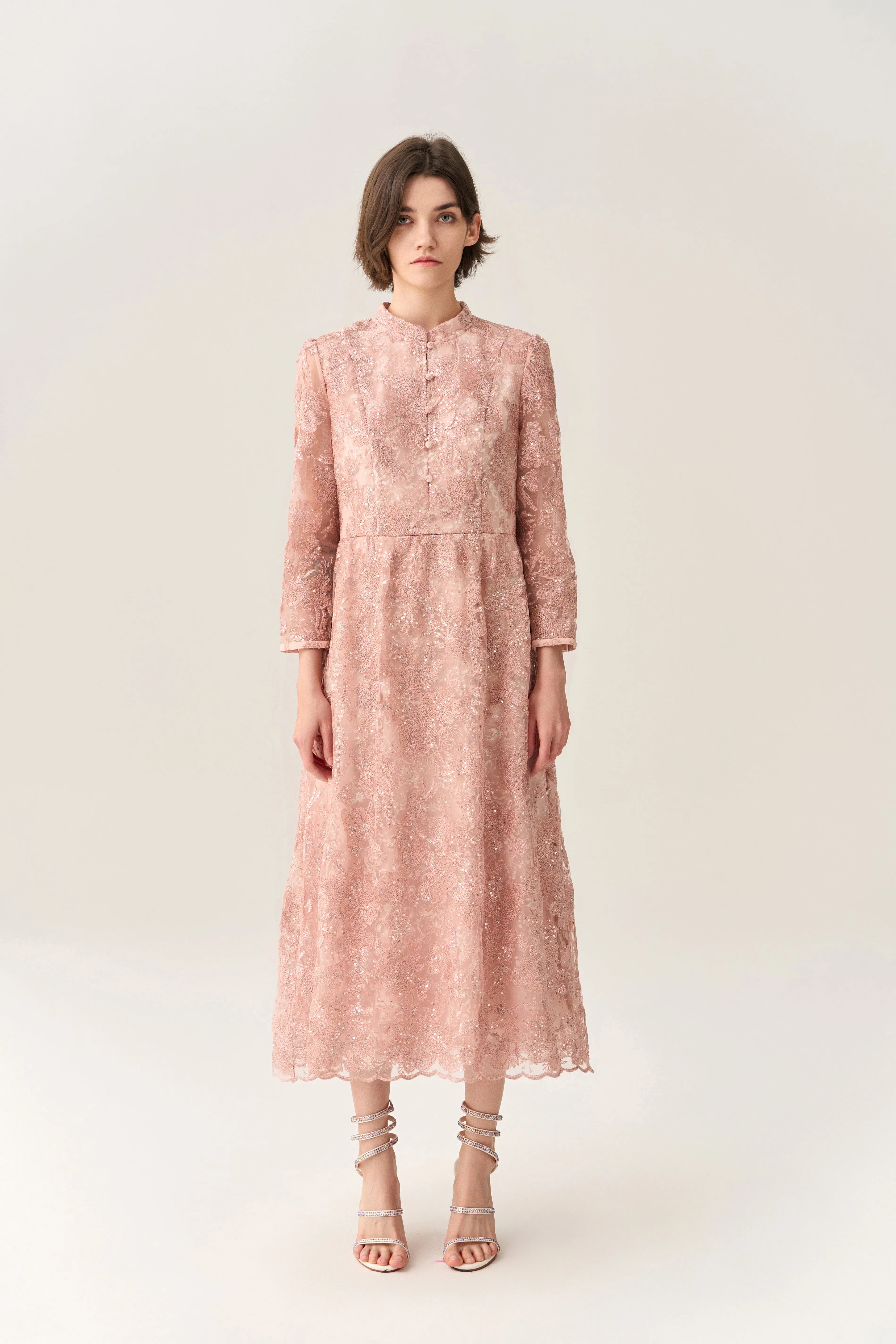 Button-up Embroidery Sequin-detail Scallop-hem Dress SeamFreeEngineering