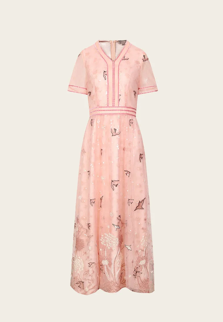 Kid Play Nature V-neck Pink Organza Short Sleeve Dress