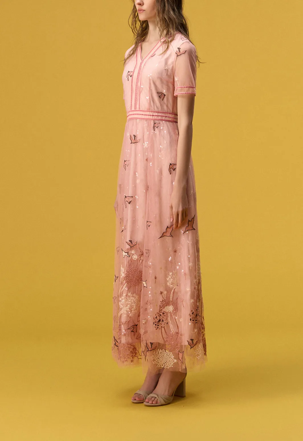 Next Core Gloss Glow Nature V-neck Pink Organza Short Sleeve Dress