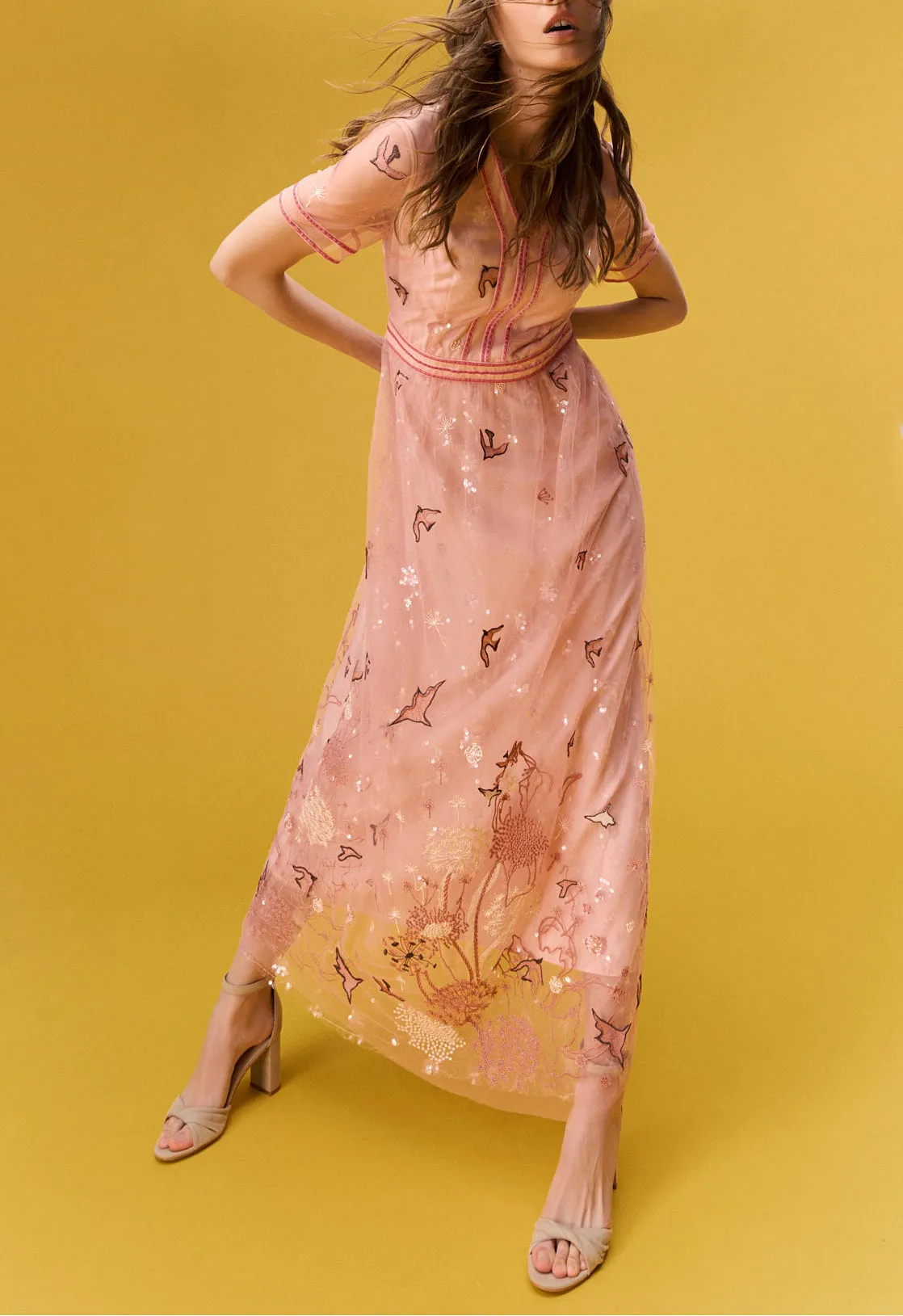 Nature V-neck Pink Organza Short Sleeve Dress Street Light Antibacterial Treatment