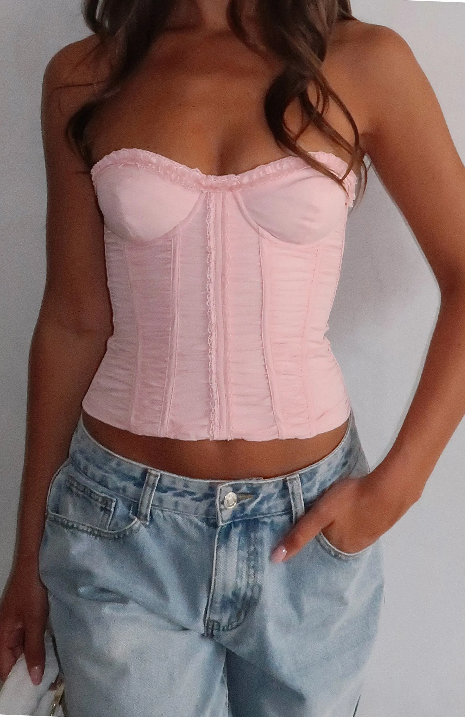 Don't Judge Me Strapless Bustier Baby Pink Layered Sleeve