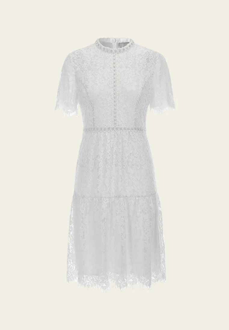 Hidden pockets River Flow Stand-collar Luerx-trim Frayed-detail Lace Dress