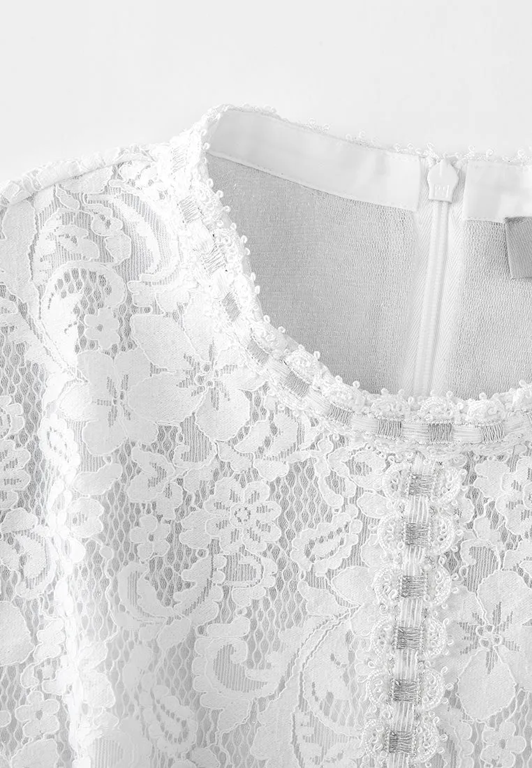 Stand-collar Luerx-trim Frayed-detail Lace Dress Comfort waistband
