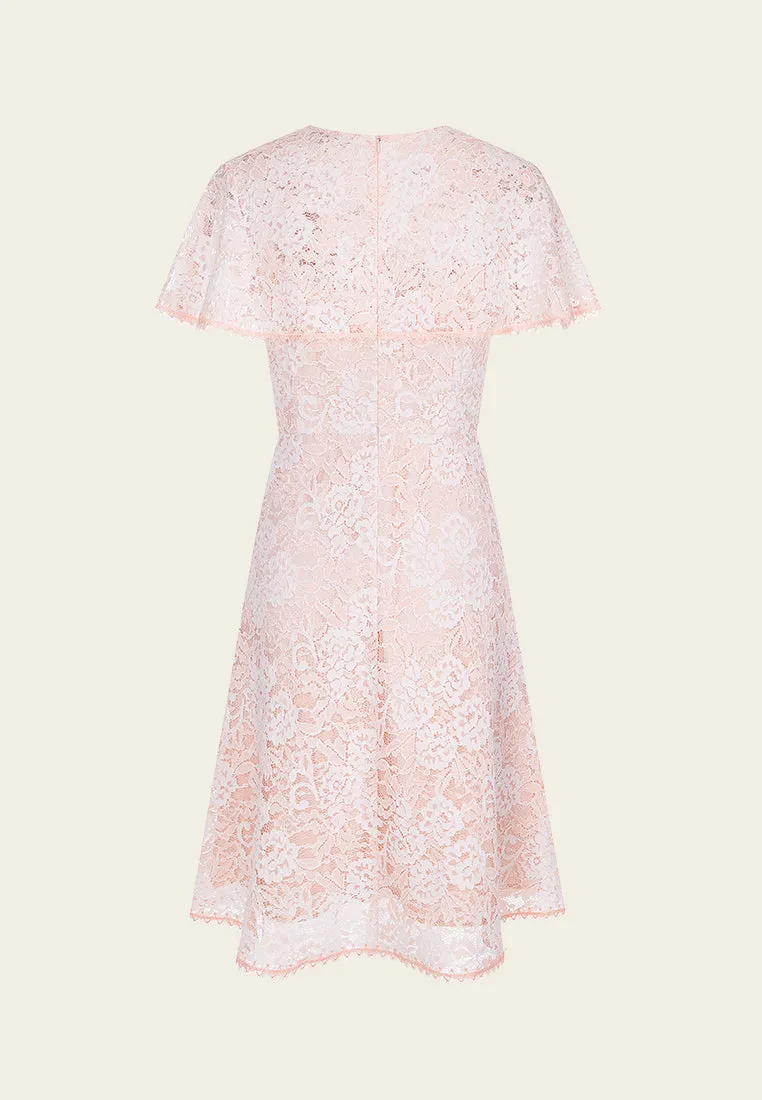 Breathable Material LayeredPaneling Cape-detail Embellished-trim Lace Dress