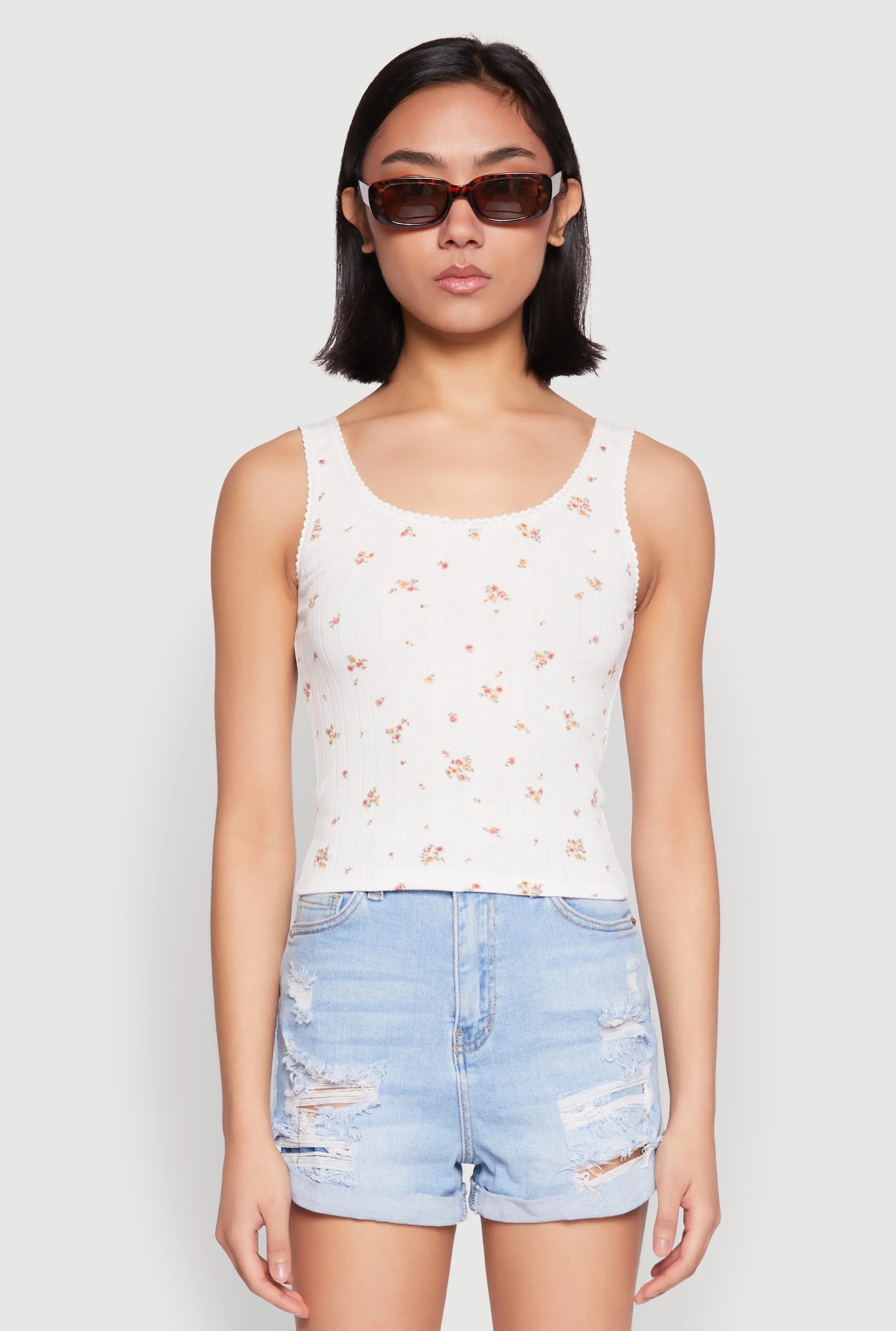 scientific research Ribbed Knit Floral Print Tank Top