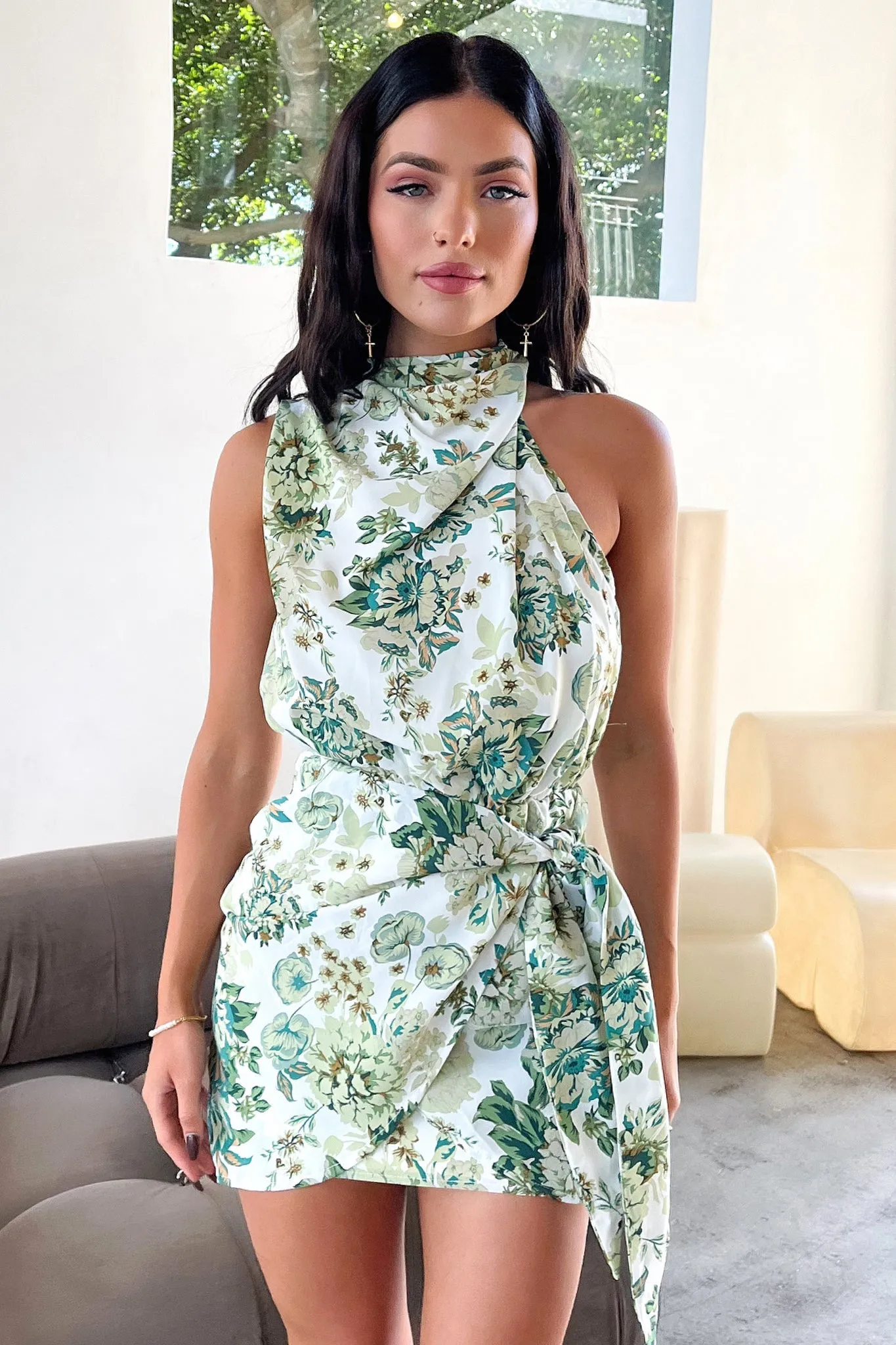 Santorini Mini Dress - Green Floral Edge Fresh Fishtail Hem Finish