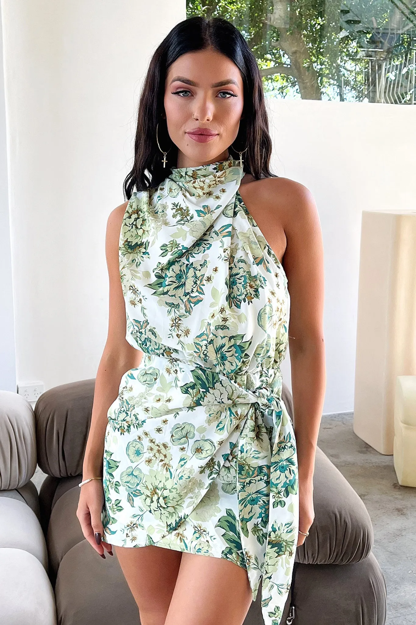 Easy-to-style mini gown Santorini Mini Dress - Green Floral