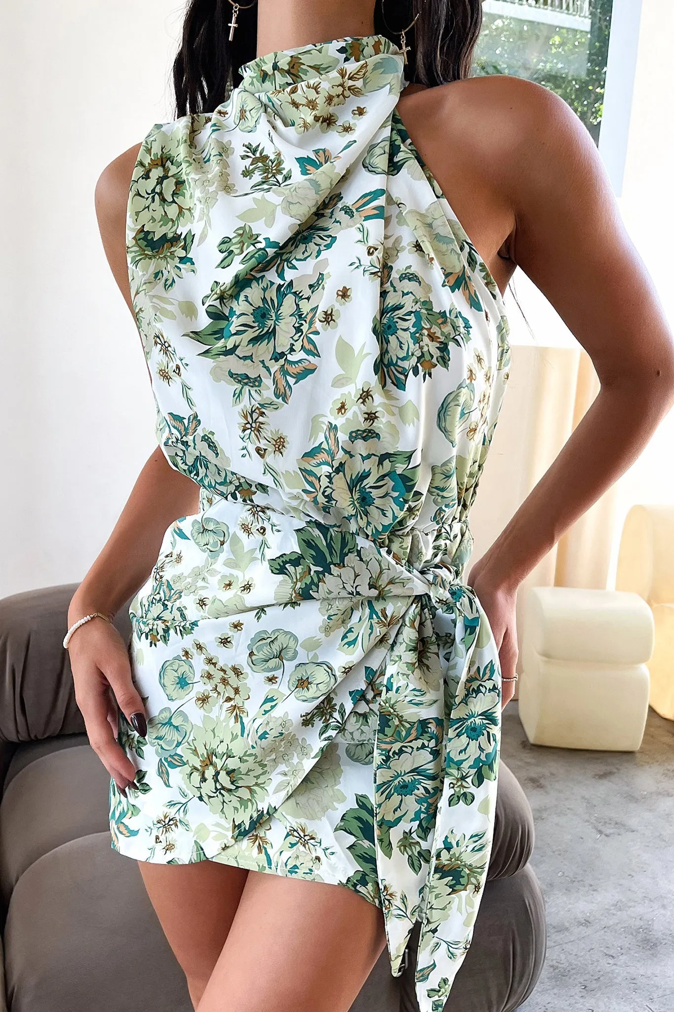 Santorini Mini Dress - Green Floral Wide Range Motion Summer Wear