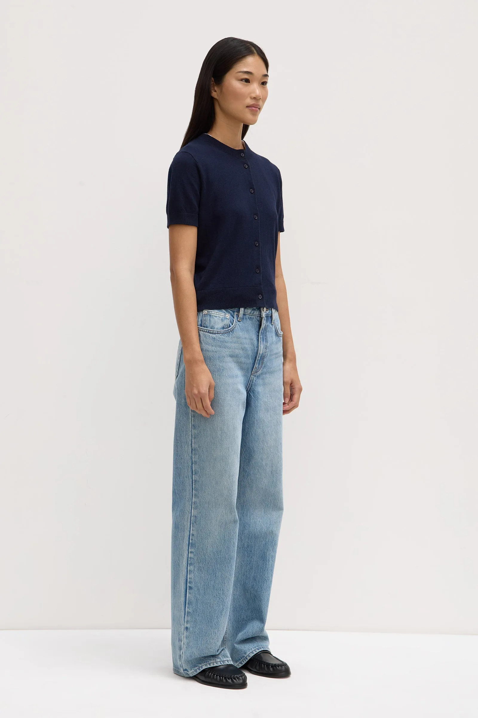 Semra Cotton Cashmere Short Sleeve Cardigan Strong Denim