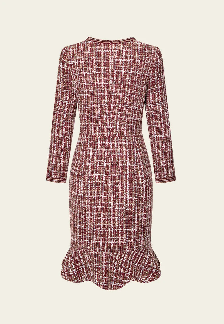 Lurex Frayed-detail Checked Fishtail Tweed Dress HighVisibility Eco Wear