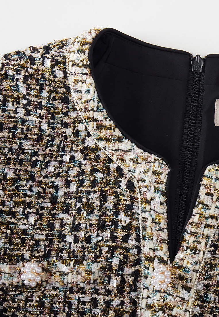 TemperatureRegulating Contrasting-trim Mixed Tweed Dress