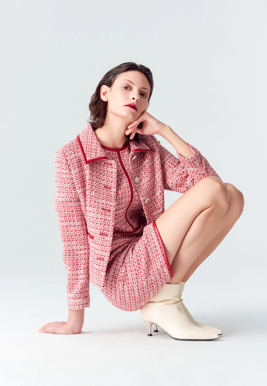 Red Leather-trimmed Tweed Mini Dress StretchWaistband