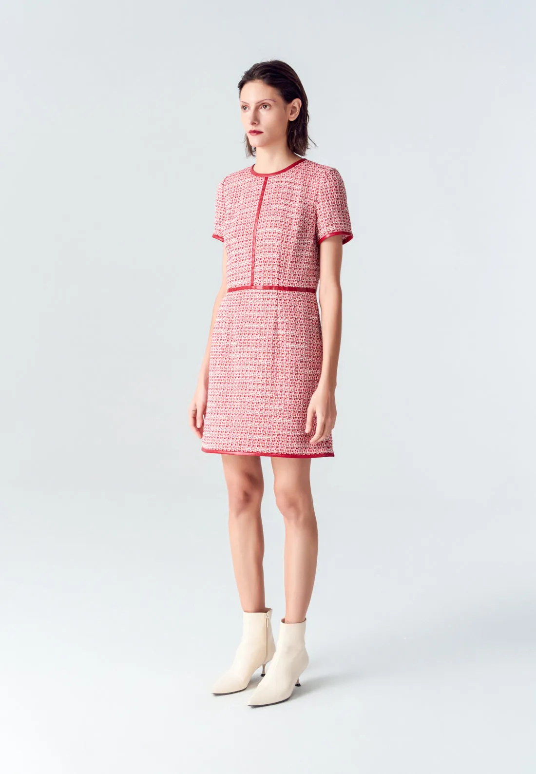 Red Leather-trimmed Tweed Mini Dress Travel Proof Green Soul