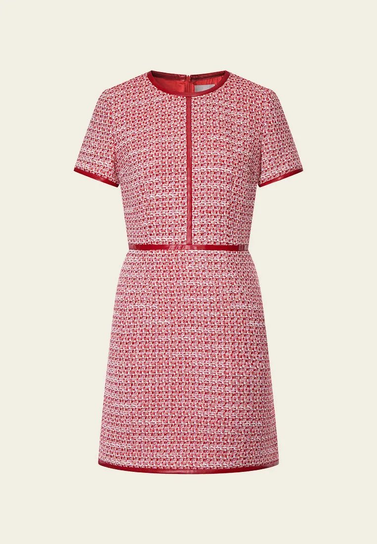 Glitter Glow AntibacterialFinish Red Leather-trimmed Tweed Mini Dress