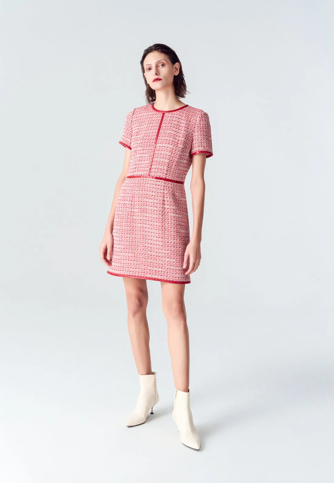 AntiClingFabric Red Leather-trimmed Tweed Mini Dress