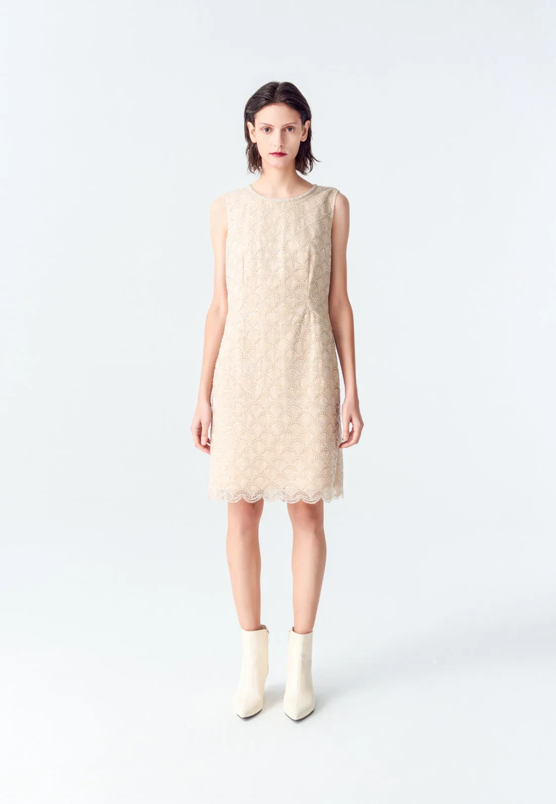 Beige Embroidered Mesh Sleeveless Dress UniversalFit HypoallergenicTextile