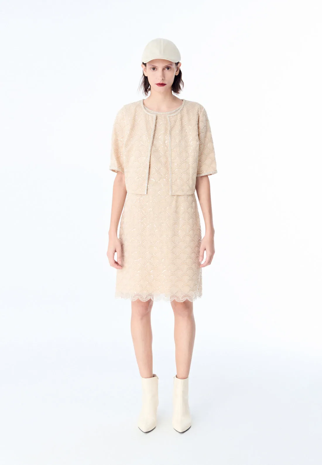 Beige Embroidered Mesh Sleeveless Dress OdorResistant Material