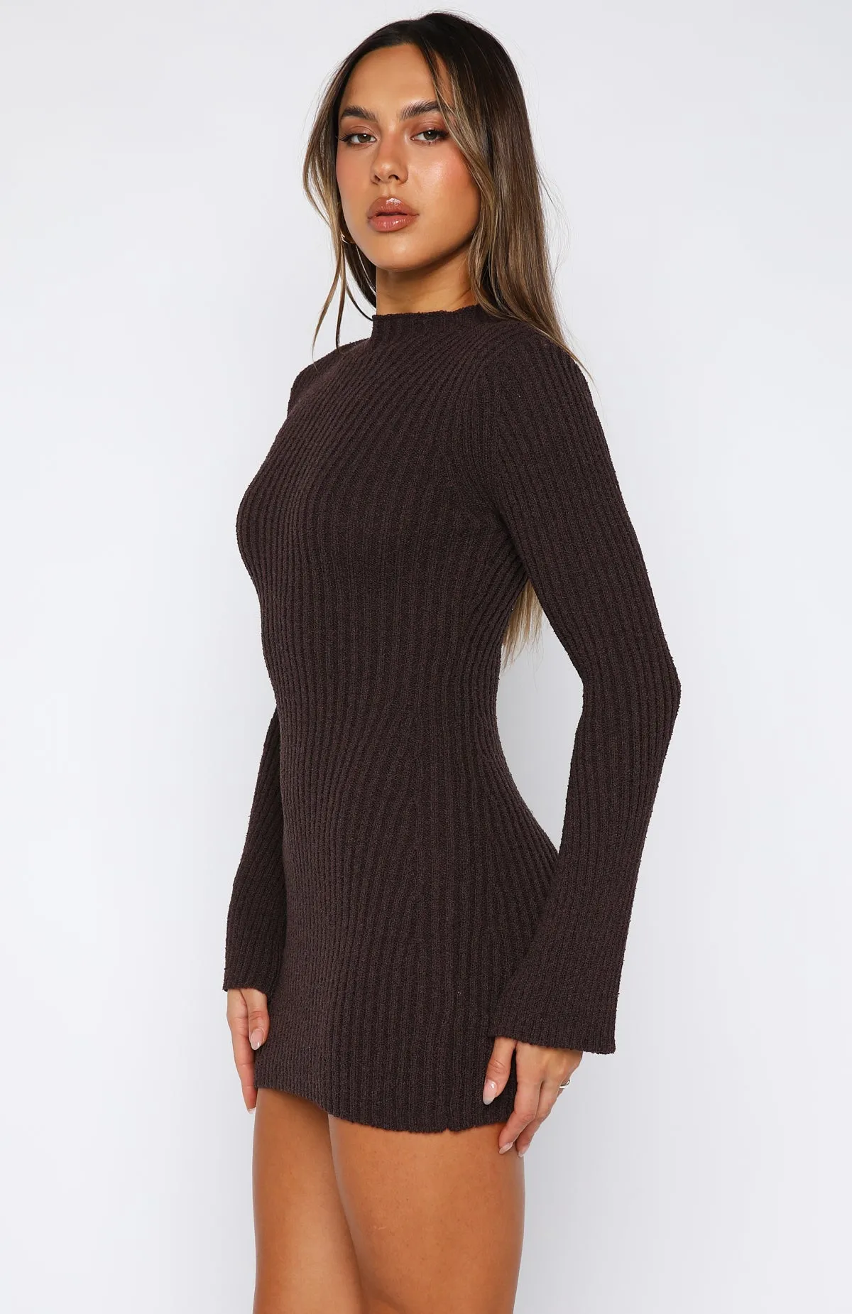 Reinforced Knees Get On Down Long Sleeve Knit Mini Dress Chocolate