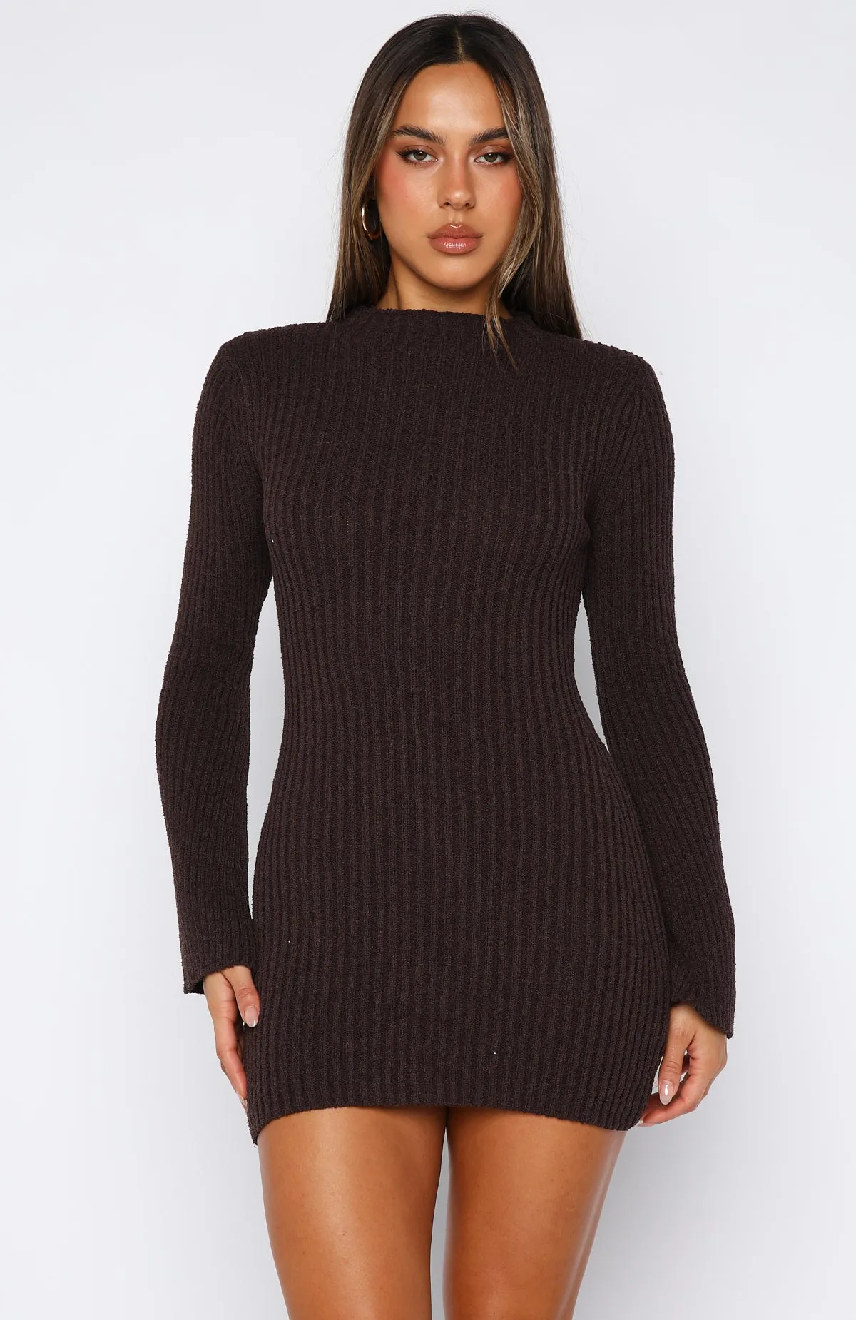 Get On Down Long Sleeve Knit Mini Dress Chocolate Weekend Look