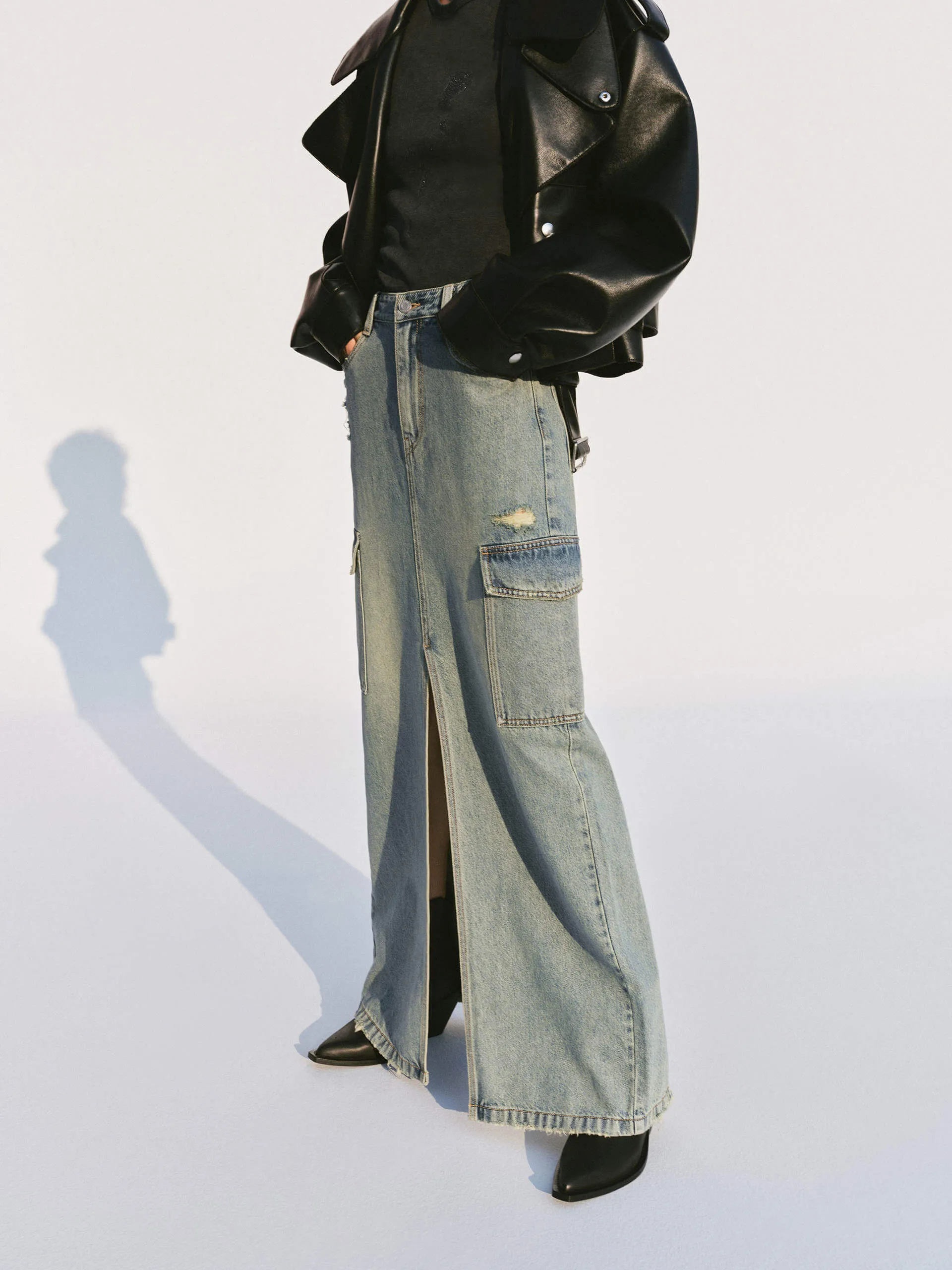 Front Slit Distressed Skirt gentle style