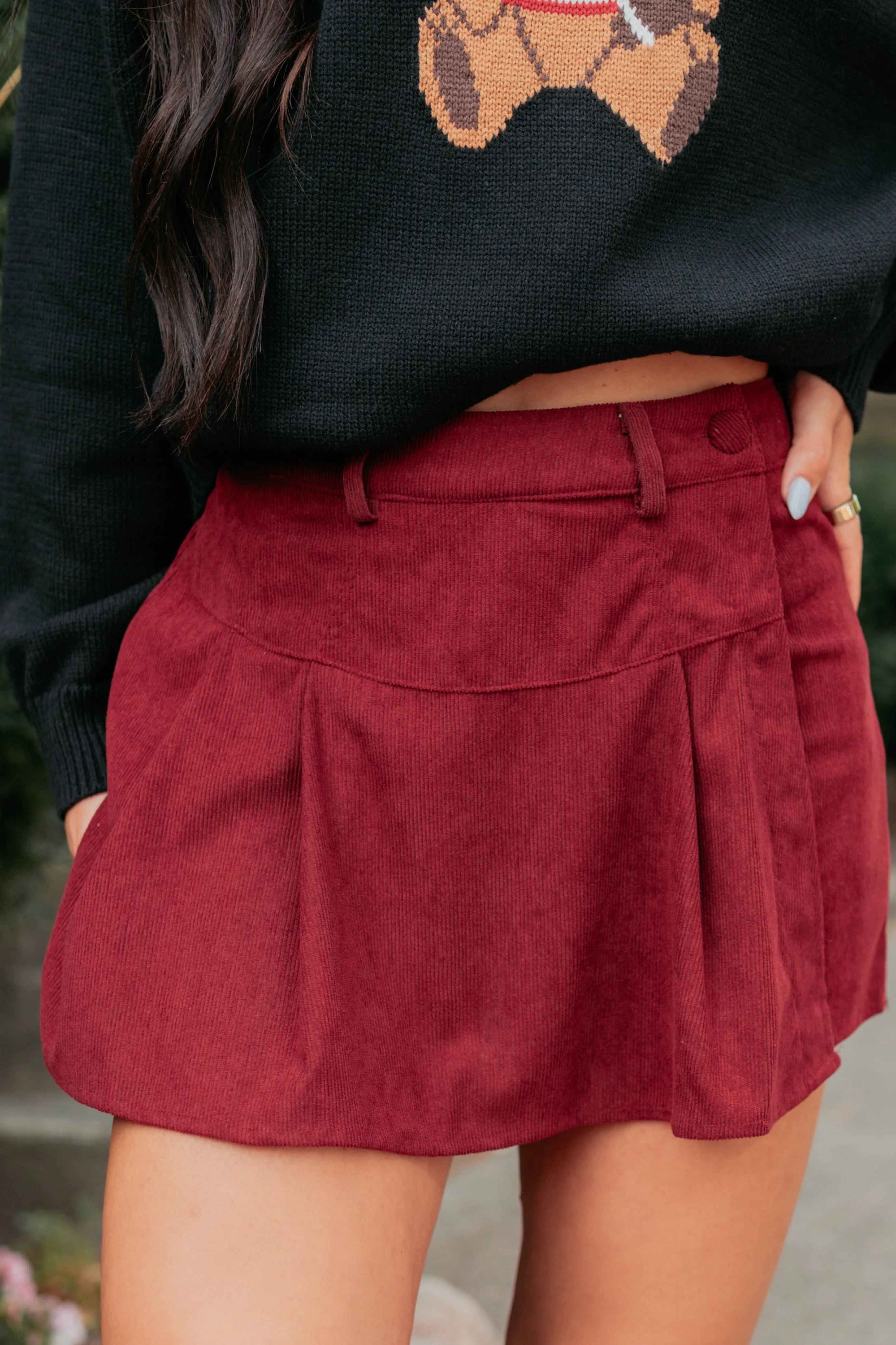 Story Unfolds Corduroy Pleated Wrap Skort (Burgundy) Polka Dot Gathered waist