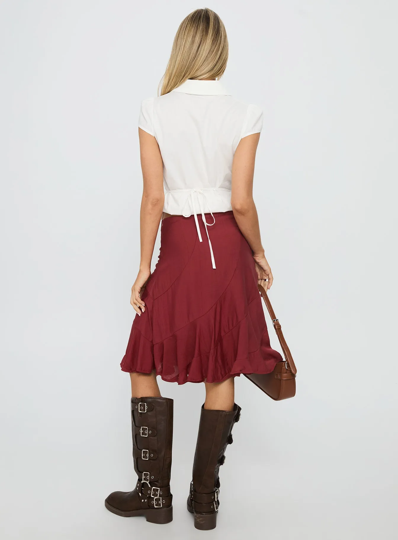 With Kindness Midi Skirt Burgundy Sleek Appeal Smart Fit