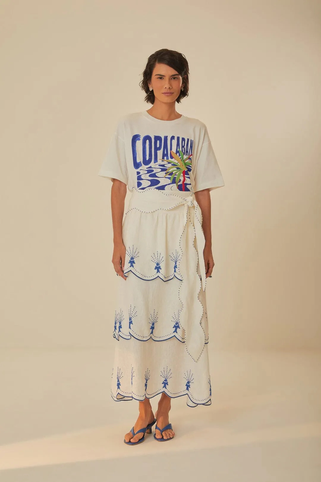 Lightweight Material Off-White Sea Of Fish Embroidered Midi Skirt